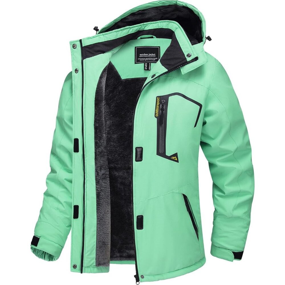 Women's Mint Green Windbreaker Waterproof Ski Snow Fleece Hood Jacket Coat